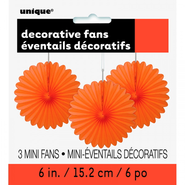 Hanging Decorative Fan 15cm Orange 3PK