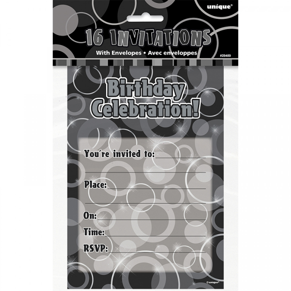 Glitz Birthday Black Invitations With Envelopes 16PK