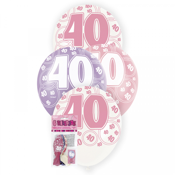 Glitz Birthday Pink Helium Balloons 40th 6PK