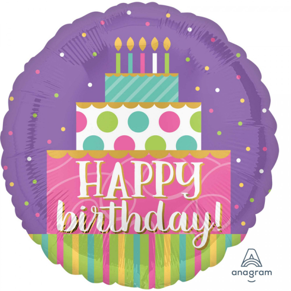 45cm Standard Happy Birthday Cake Swirls Foil Balloon Inflated with Helium
