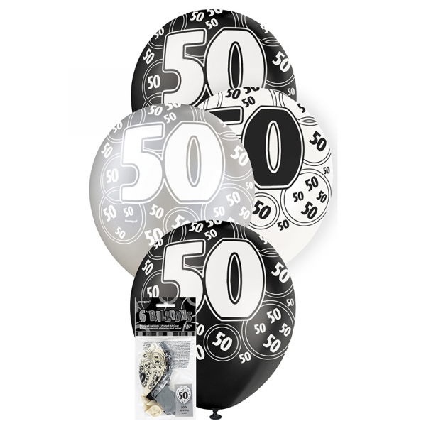 Glitz Birthday Black Helium Balloons 50th 6PK