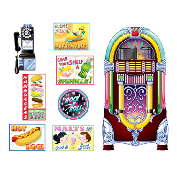 50's Soda Shop Signs & Jukebox Wall Decorations Insta-Theme Props 8PK