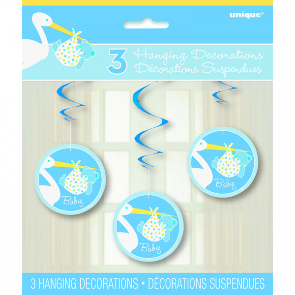 Boy Stork Hanging Swirl Decoration 3PK