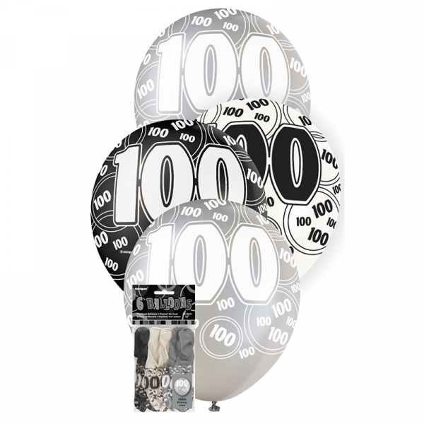Glitz Birthday Black Helium Balloons 100th 6PK
