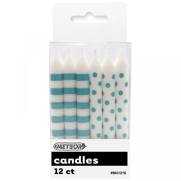 Polka Dots Stripes Candles Caribbean Teal 12PK