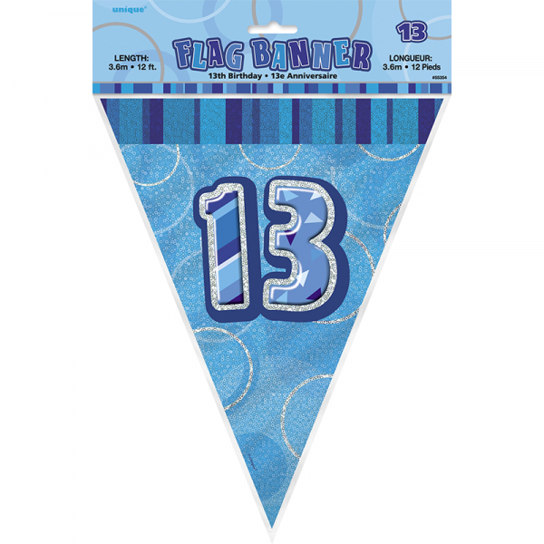 Glitz Birthday Blue Flag Banner 13th