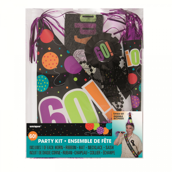 Birthday Day Party Kit 60th Inc Horn Ribbon Hat Necklace Sash 5PK