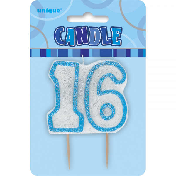 Glitz Birthday Blue Numeral Candle 16th