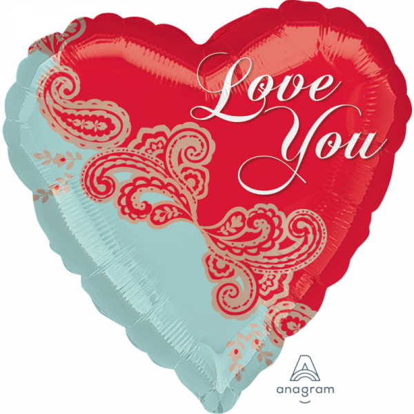 45cm Standard Paisley Love You Foil Balloon Inflated with Helium