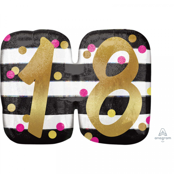 Supershape Holographic Pink & Gold Milestone 18th Foil Balloon Inflated with Helium