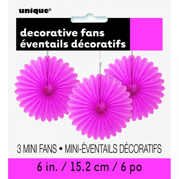 Hanging Decorative Fan 15cm Hot Pink 3PK