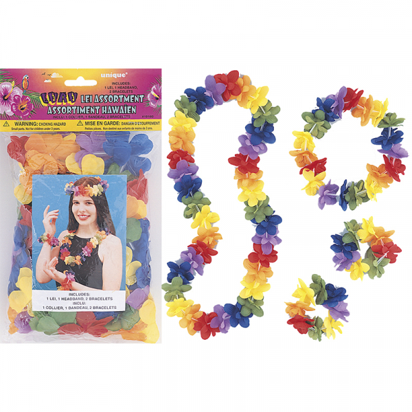 Luau Flower Lei Headband Bracelets Set 4PK