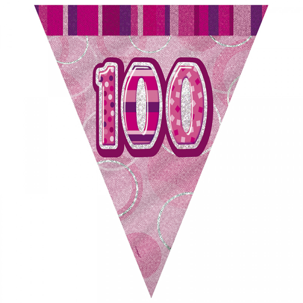 Glitz Birthday Pink Flag Banner 100th 12PK