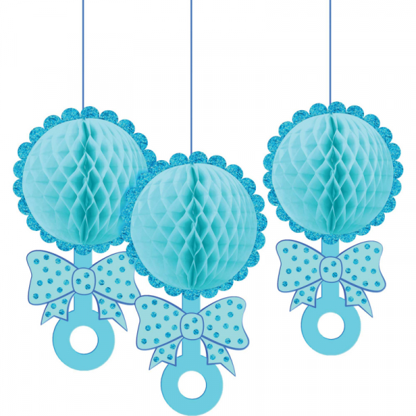 Baby Shower Blue Honeycomb Glittered Rattles Hanging Decorations 3PK