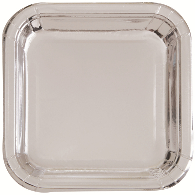 Metallic Silver Foil 23cm Paper Square Plates 8PK