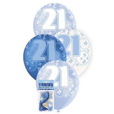 Glitz Birthday Blue Helium Balloons 21st 6PK