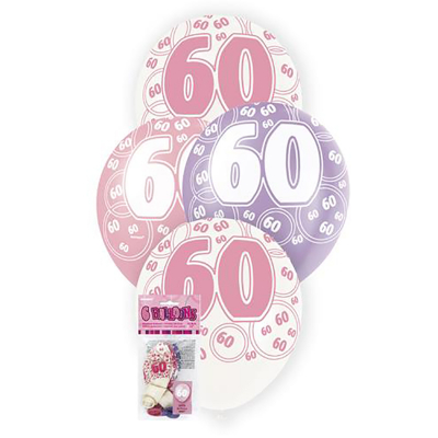 Glitz Birthday Pink Helium Balloons 60th 6PK