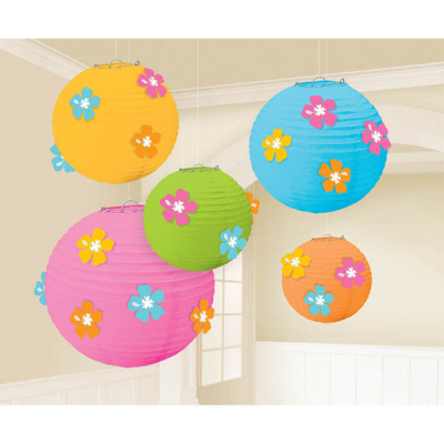 Summer Luau Hibiscus Flowers Paper Lanterns 5PK