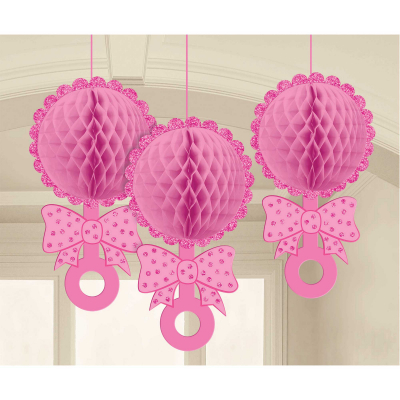 Baby Shower Pink Honeycomb Glittered Rattles Hanging Decorations 3PK