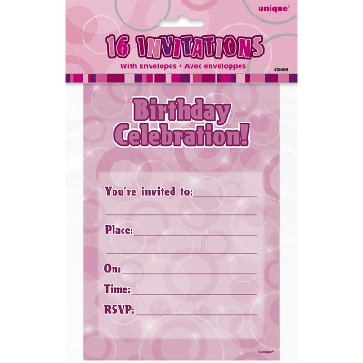 Glitz Birthday Pink Invitations With Envelope 16PK