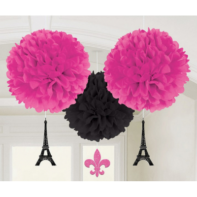 Day in Paris Fluffy Tissue Hanging Decorations & Glittered Cutouts 3PK