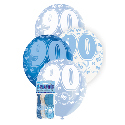 Glitz Birthday Blue Helium Balloons 90th 6PK