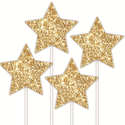 Golden Glitter Cake Topper Stars 4PK