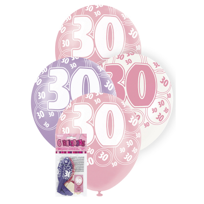 Glitz Birthday Pink Helium Balloons 30th 6PK