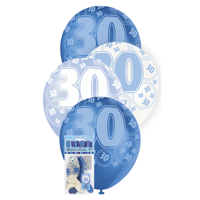 Glitz Birthday Blue Helium Balloons 30th 6PK