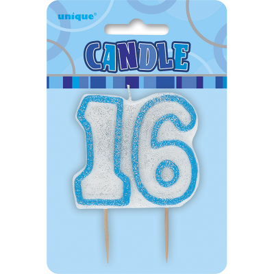 Glitz Birthday Blue Numeral Candle 16th