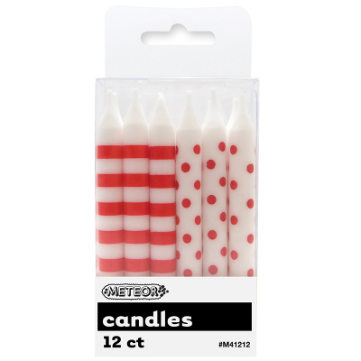 Polka Dots Stripes Candles Ruby Red 12PK