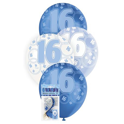 Glitz Birthday Blue Helium Balloons 16th 6PK