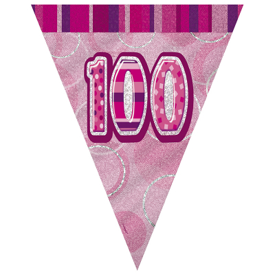 Glitz Birthday Pink Flag Banner 100th 12PK