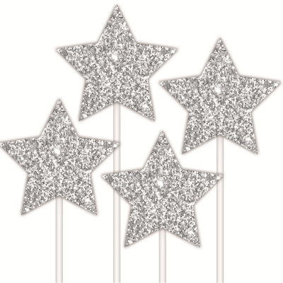 Silver Glitter Cake Topper Stars 4PK