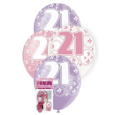 Glitz Birthday Pink Helium Balloons 21st 6PK